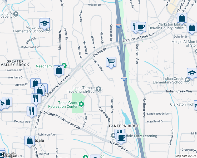 map of restaurants, bars, coffee shops, grocery stores, and more near 808 Angora Alley in Scottdale
