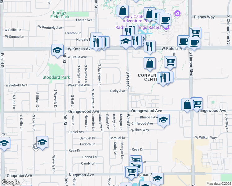 map of restaurants, bars, coffee shops, grocery stores, and more near 11892 Ricky Avenue in Garden Grove