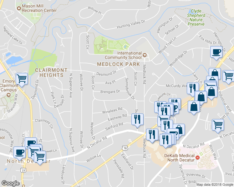 map of restaurants, bars, coffee shops, grocery stores, and more near 2329 Brengare Drive in Decatur