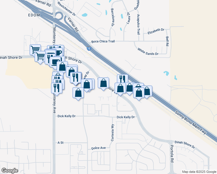 map of restaurants, bars, coffee shops, grocery stores, and more near Dinah Shore Drive in Palm Desert