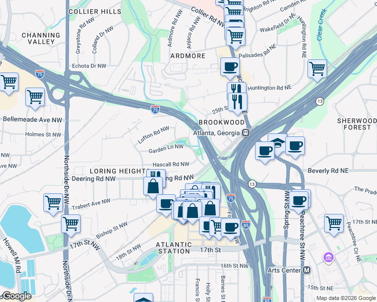 map of restaurants, bars, coffee shops, grocery stores, and more near 1590 Loring Drive Northwest in Atlanta