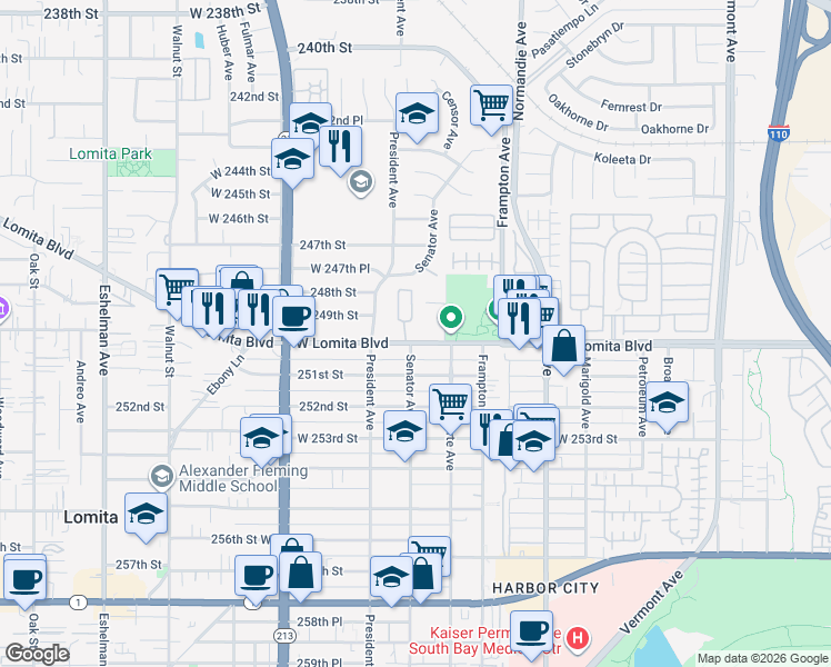 map of restaurants, bars, coffee shops, grocery stores, and more near 1435 Lomita Boulevard in Los Angeles