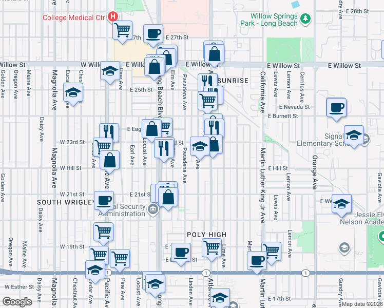 map of restaurants, bars, coffee shops, grocery stores, and more near 2247 Linden Avenue in Long Beach