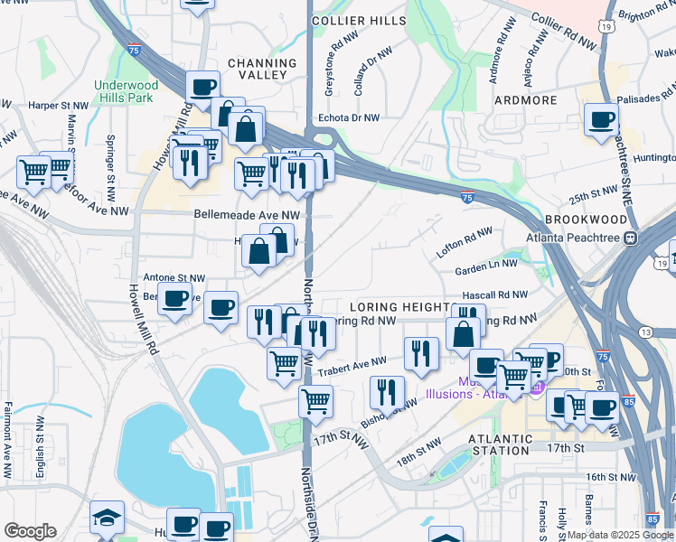 map of restaurants, bars, coffee shops, grocery stores, and more near 499 Northside Drive Northwest in Atlanta