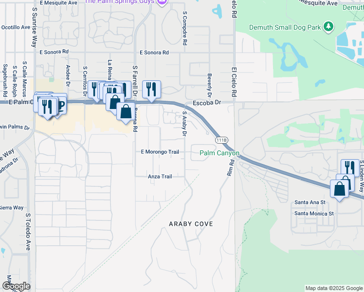 map of restaurants, bars, coffee shops, grocery stores, and more near 1881 South Araby Drive in Palm Springs