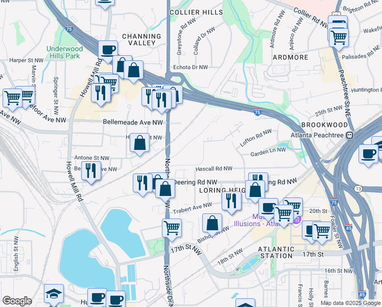 map of restaurants, bars, coffee shops, grocery stores, and more near 499 Northside Drive Northwest in Atlanta
