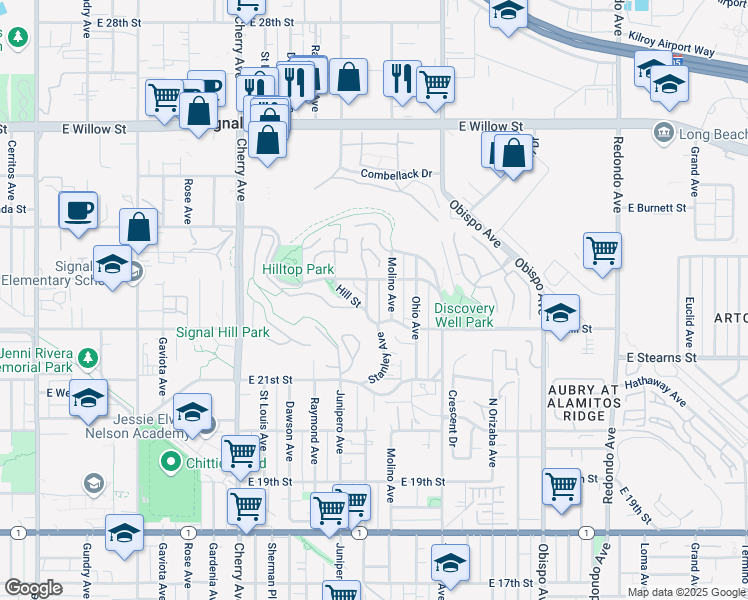 map of restaurants, bars, coffee shops, grocery stores, and more near 2240 Stanley Avenue in Signal Hill