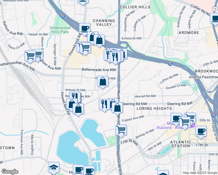 map of restaurants, bars, coffee shops, grocery stores, and more near 644 Antone Street Northwest in Atlanta