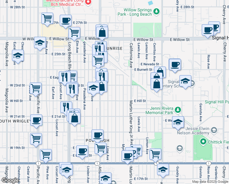 map of restaurants, bars, coffee shops, grocery stores, and more near 2257 Olive Avenue in Long Beach
