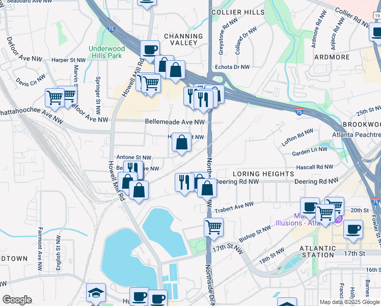 map of restaurants, bars, coffee shops, grocery stores, and more near 644 Antone Street Northwest in Atlanta