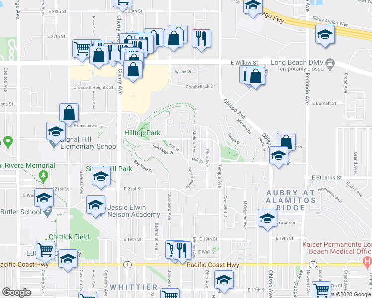 map of restaurants, bars, coffee shops, grocery stores, and more near 2240 Stanley Avenue in Signal Hill