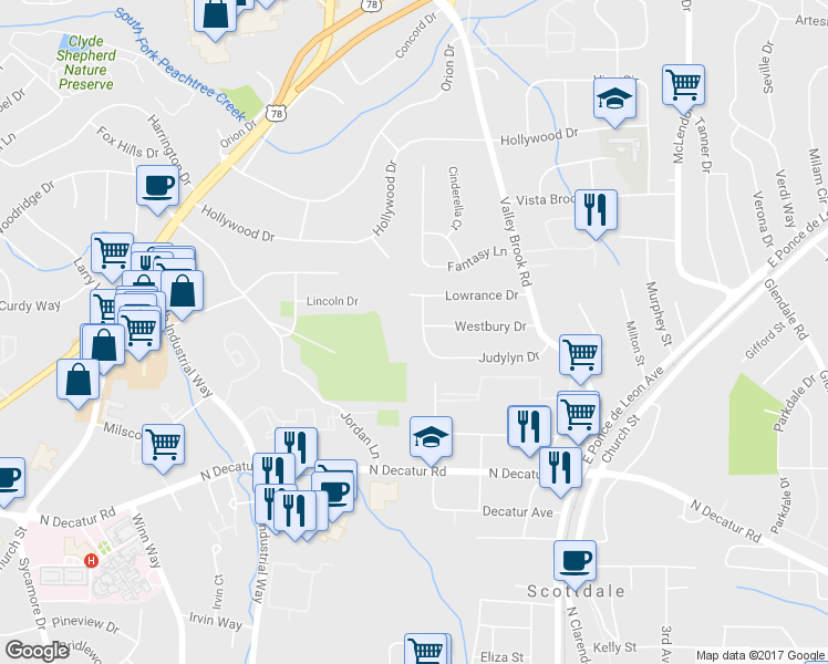 map of restaurants, bars, coffee shops, grocery stores, and more near 706 Cool Hollow Dr in Decatur
