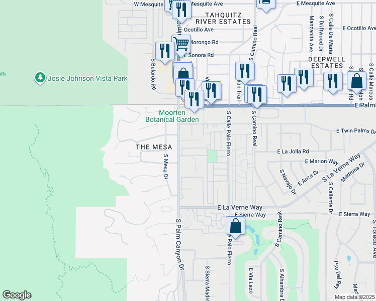 map of restaurants, bars, coffee shops, grocery stores, and more near 16 Tiki Drive in Palm Springs