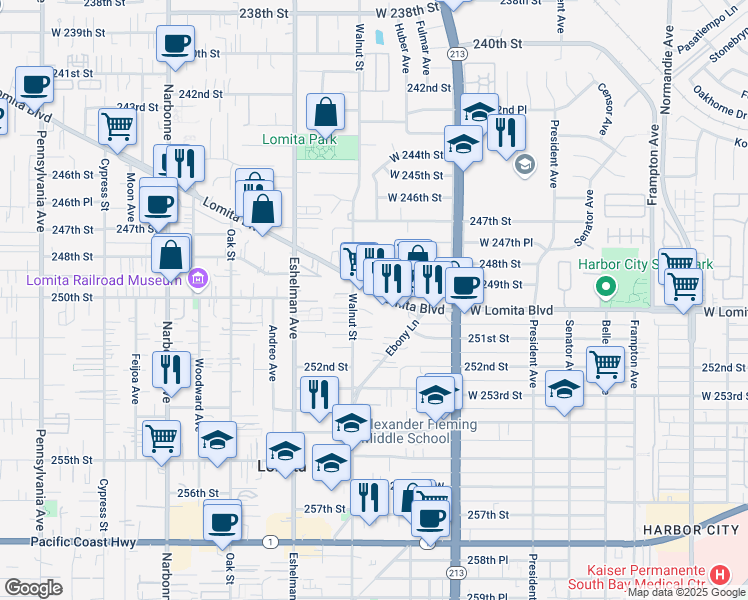 map of restaurants, bars, coffee shops, grocery stores, and more near 1864 Lomita Boulevard in Lomita