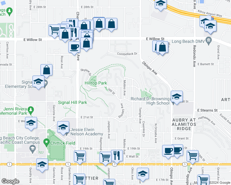 map of restaurants, bars, coffee shops, grocery stores, and more near 2339 Hill Street in Signal Hill