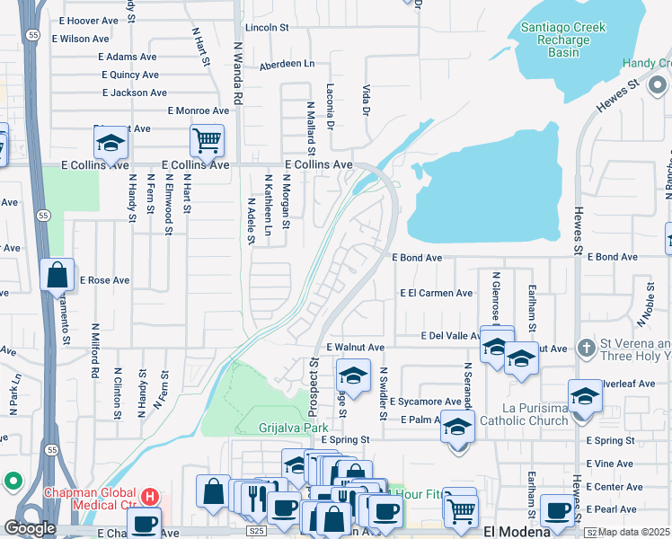 map of restaurants, bars, coffee shops, grocery stores, and more near 3339 East Hammond Circle in Orange