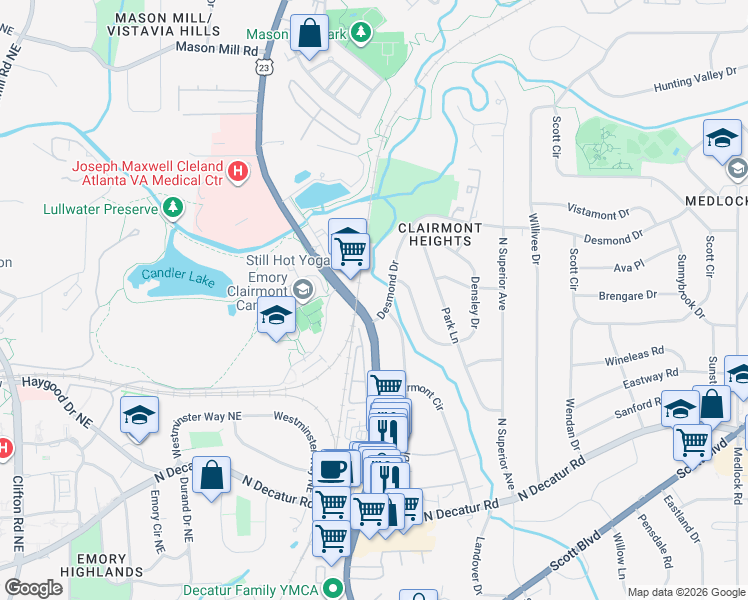 map of restaurants, bars, coffee shops, grocery stores, and more near 1501 Clairmont Road in Decatur