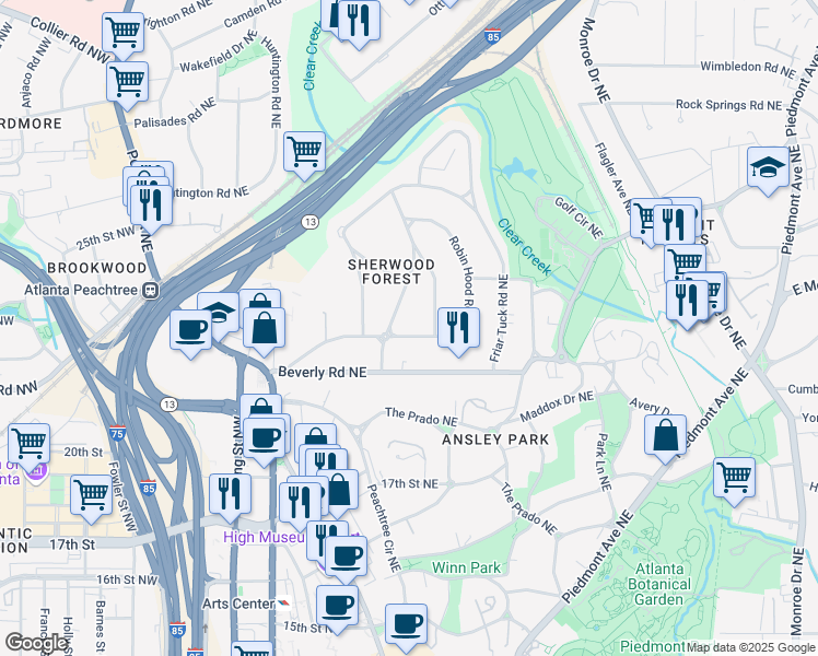 map of restaurants, bars, coffee shops, grocery stores, and more near 160 Robin Hood Road Northeast in Atlanta
