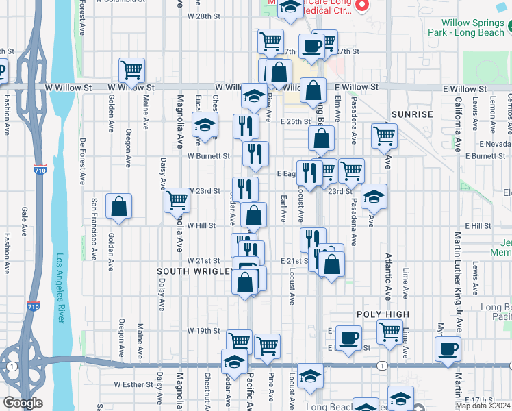 map of restaurants, bars, coffee shops, grocery stores, and more near 2256 Pacific Avenue in Long Beach