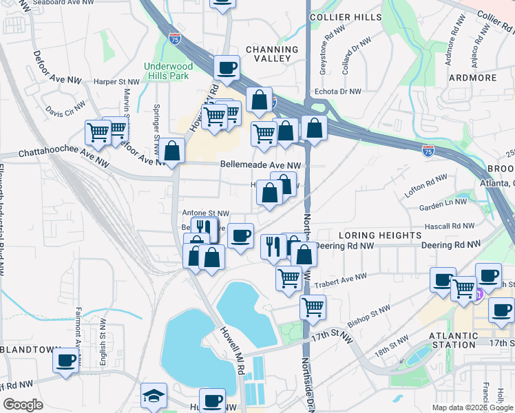 map of restaurants, bars, coffee shops, grocery stores, and more near 701 Antone Street Northwest in Atlanta
