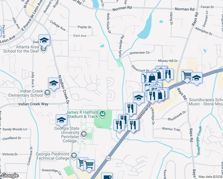 map of restaurants, bars, coffee shops, grocery stores, and more near 3954 Memorial College Avenue in Clarkston