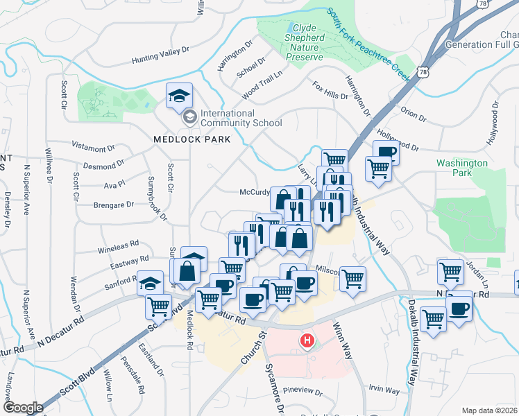 map of restaurants, bars, coffee shops, grocery stores, and more near 615 Tuxworth Circle in Decatur