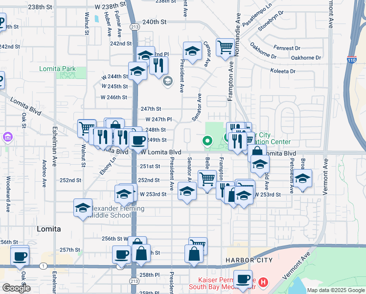 map of restaurants, bars, coffee shops, grocery stores, and more near 1437 Lomita Boulevard in Los Angeles