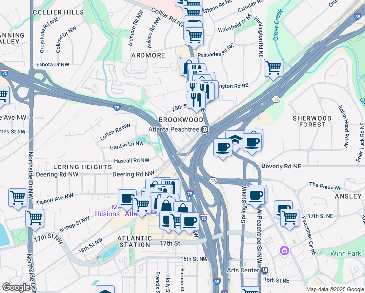 map of restaurants, bars, coffee shops, grocery stores, and more near 7 Alden Avenue Northwest in Atlanta