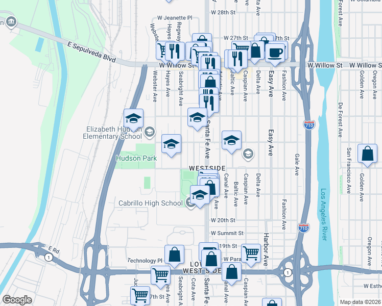 map of restaurants, bars, coffee shops, grocery stores, and more near 2255 Cota Avenue in Long Beach