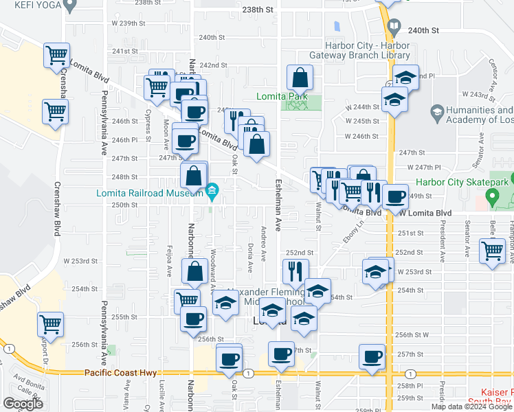 map of restaurants, bars, coffee shops, grocery stores, and more near 2038 250th Street in Lomita