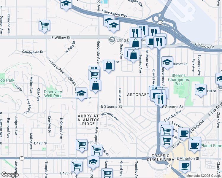 map of restaurants, bars, coffee shops, grocery stores, and more near in Long Beach