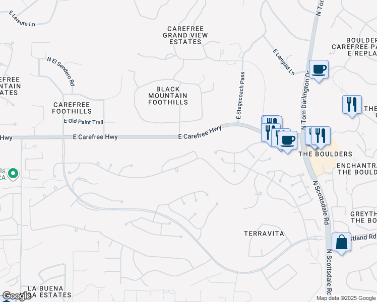 map of restaurants, bars, coffee shops, grocery stores, and more near 6671 East Whispering Mesquite Trail in Scottsdale