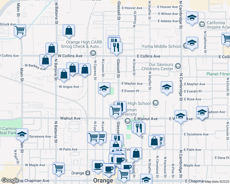 map of restaurants, bars, coffee shops, grocery stores, and more near 662 North Glassell Street in Orange