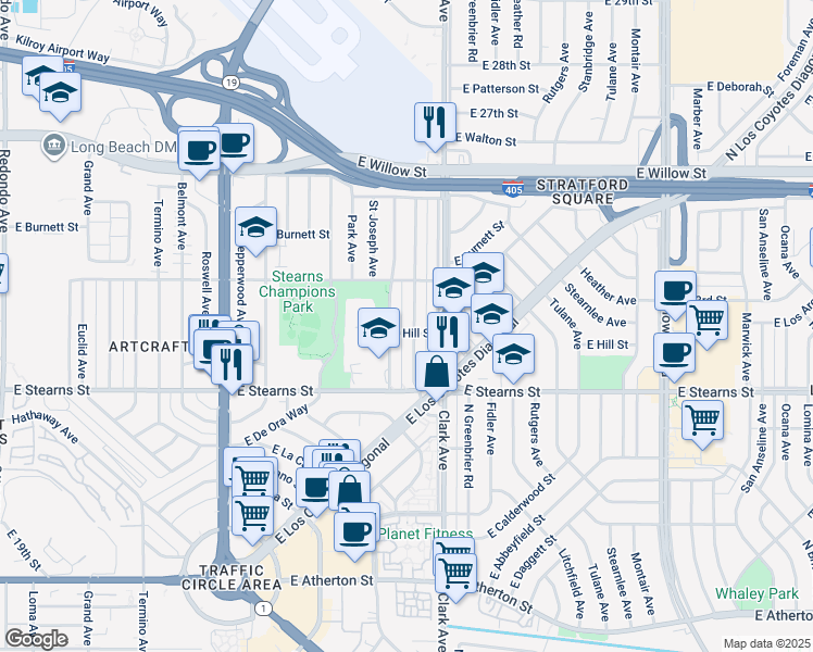 map of restaurants, bars, coffee shops, grocery stores, and more near 2247 Granada Avenue in Long Beach