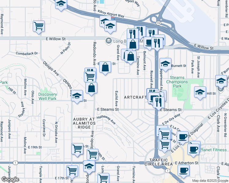 map of restaurants, bars, coffee shops, grocery stores, and more near in Long Beach