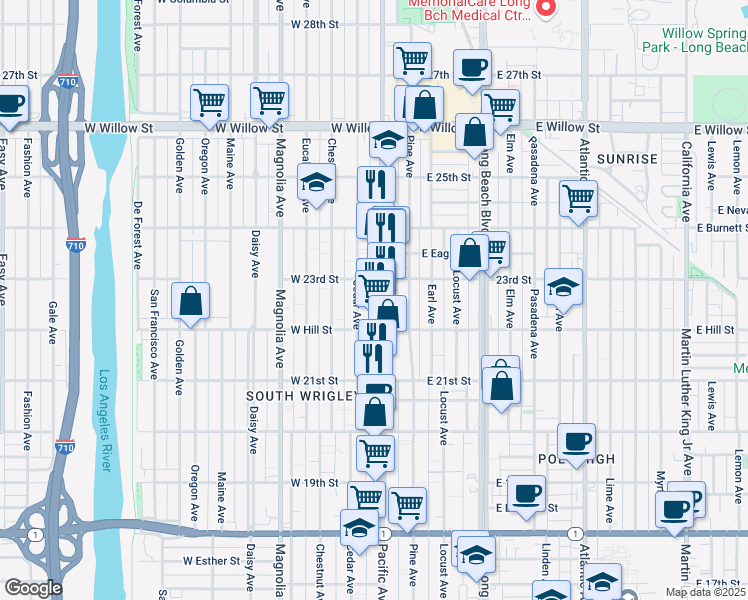 map of restaurants, bars, coffee shops, grocery stores, and more near 2249 Pacific Avenue in Long Beach