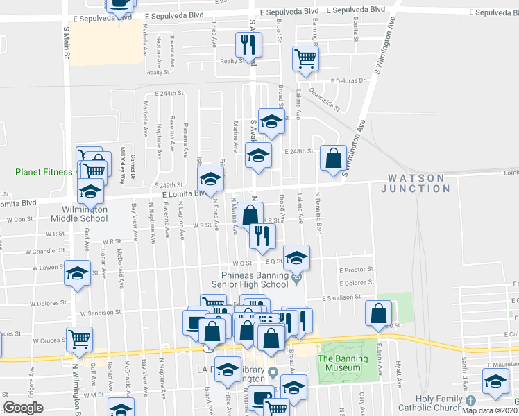 map of restaurants, bars, coffee shops, grocery stores, and more near 120 East Don Street in Los Angeles