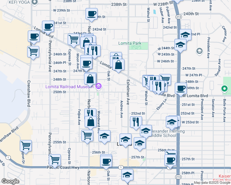 map of restaurants, bars, coffee shops, grocery stores, and more near 2070 250th Street in Lomita