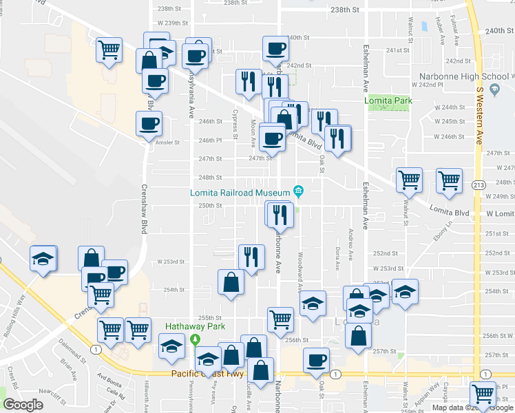 map of restaurants, bars, coffee shops, grocery stores, and more near 2240 250th Street in Lomita