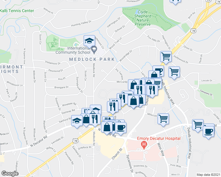 map of restaurants, bars, coffee shops, grocery stores, and more near 1424 Tuxworth Circle in Decatur