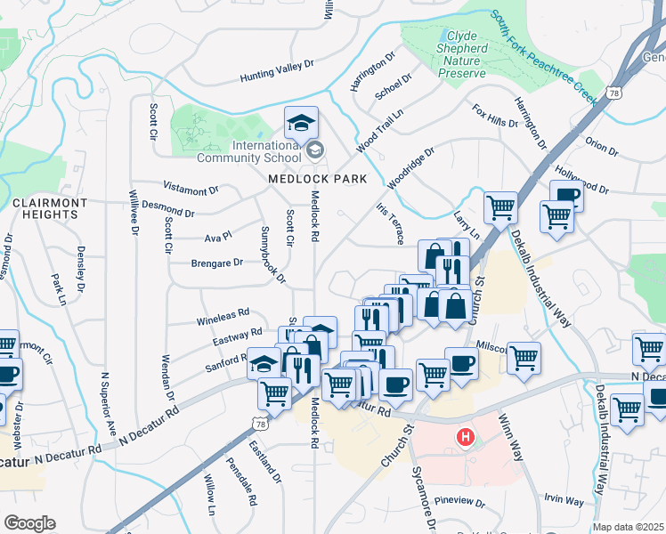 map of restaurants, bars, coffee shops, grocery stores, and more near 1306 McClelen Way in Decatur