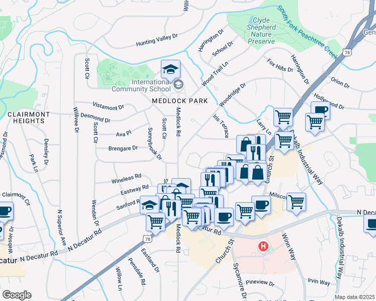 map of restaurants, bars, coffee shops, grocery stores, and more near 1306 McClelen Way in Decatur