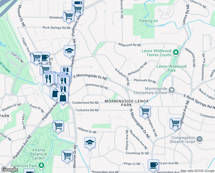 map of restaurants, bars, coffee shops, grocery stores, and more near 756 Sherwood Road Northeast in Atlanta