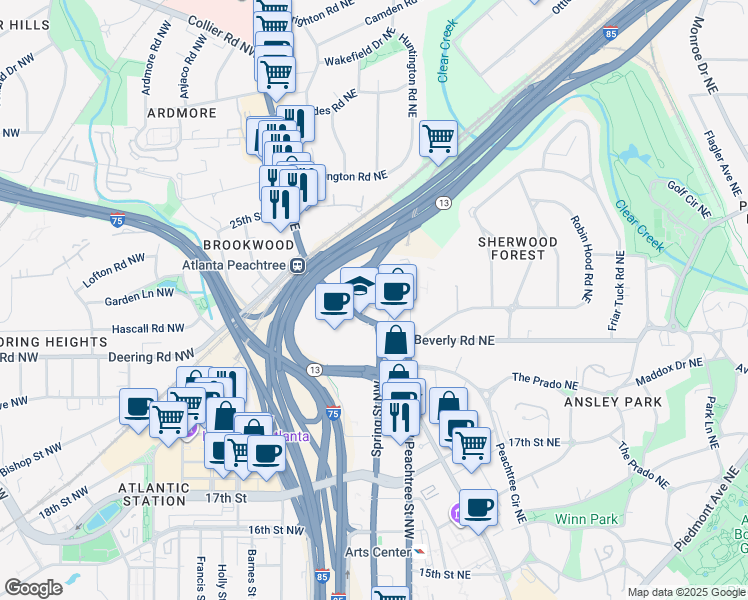 map of restaurants, bars, coffee shops, grocery stores, and more near 1605 Peachtree Street Northeast in Atlanta