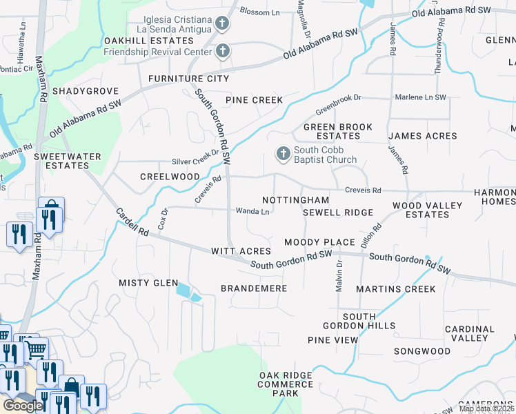 map of restaurants, bars, coffee shops, grocery stores, and more near 6434 Wanda Lane in Austell
