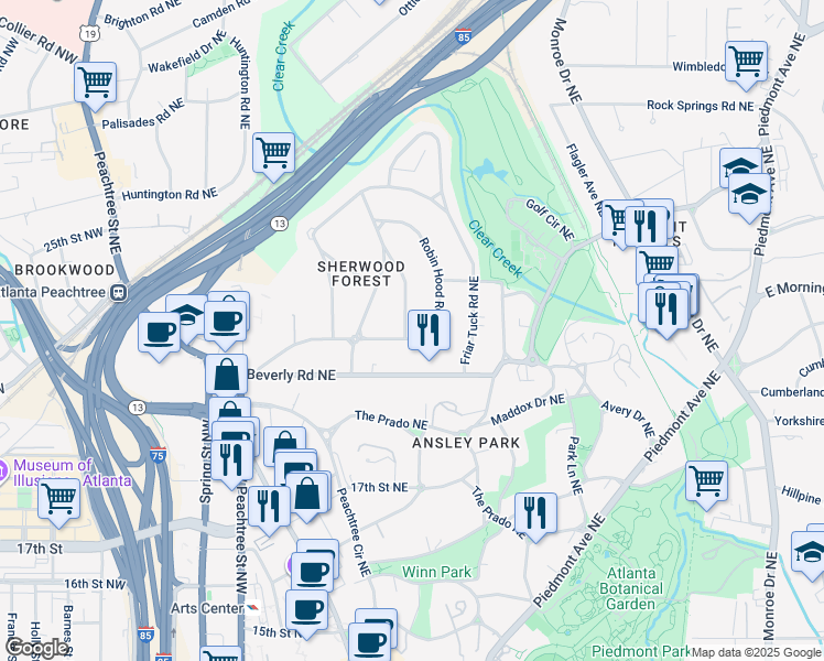 map of restaurants, bars, coffee shops, grocery stores, and more near 200 Robin Hood Road Northeast in Atlanta