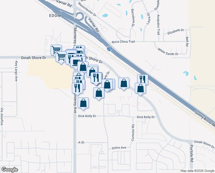 map of restaurants, bars, coffee shops, grocery stores, and more near 34300 Gateway Drive in Palm Desert