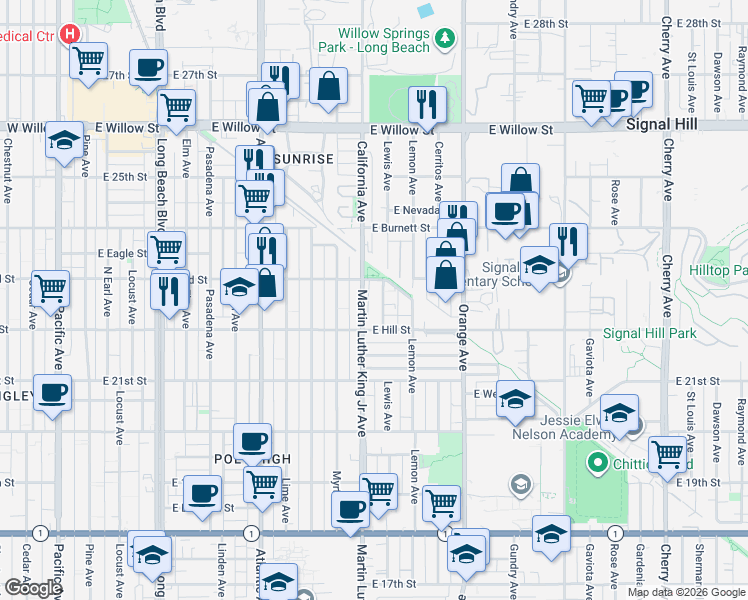 map of restaurants, bars, coffee shops, grocery stores, and more near 2285 Lewis Avenue in Long Beach