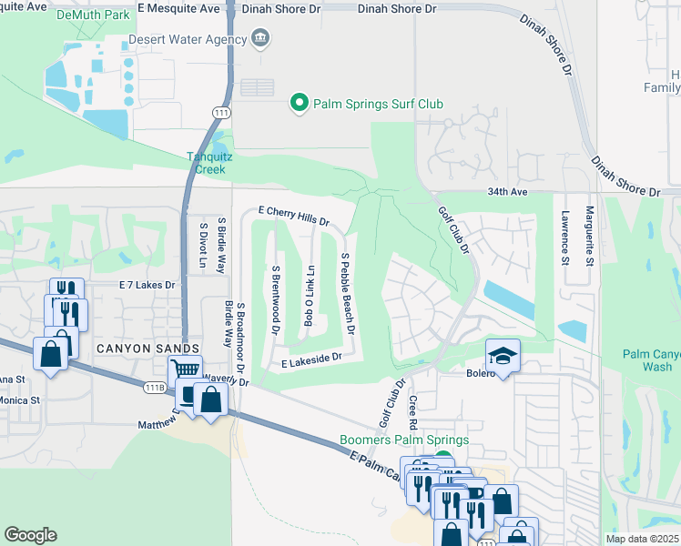 map of restaurants, bars, coffee shops, grocery stores, and more near 2133 South Pebble Beach Drive in Palm Springs