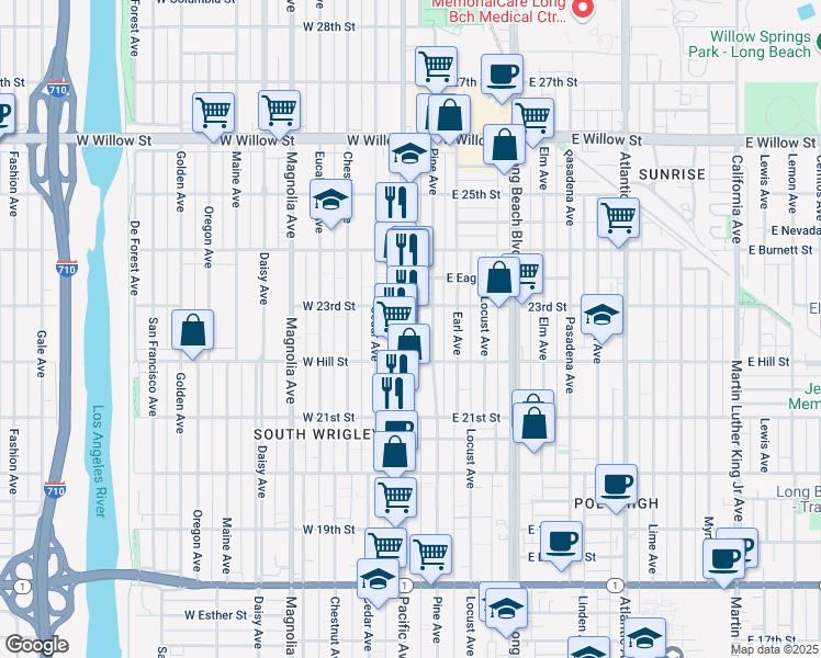 map of restaurants, bars, coffee shops, grocery stores, and more near 2249 Pacific Avenue in Long Beach